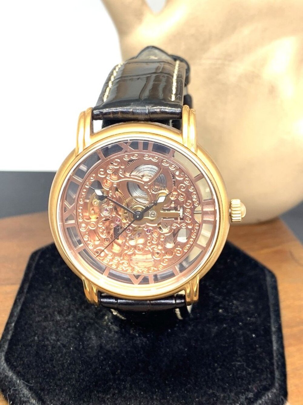 Wohler Mens Watch Automatic Rose Gold Tone Case Skeleton Dial Leather Strap 41mm